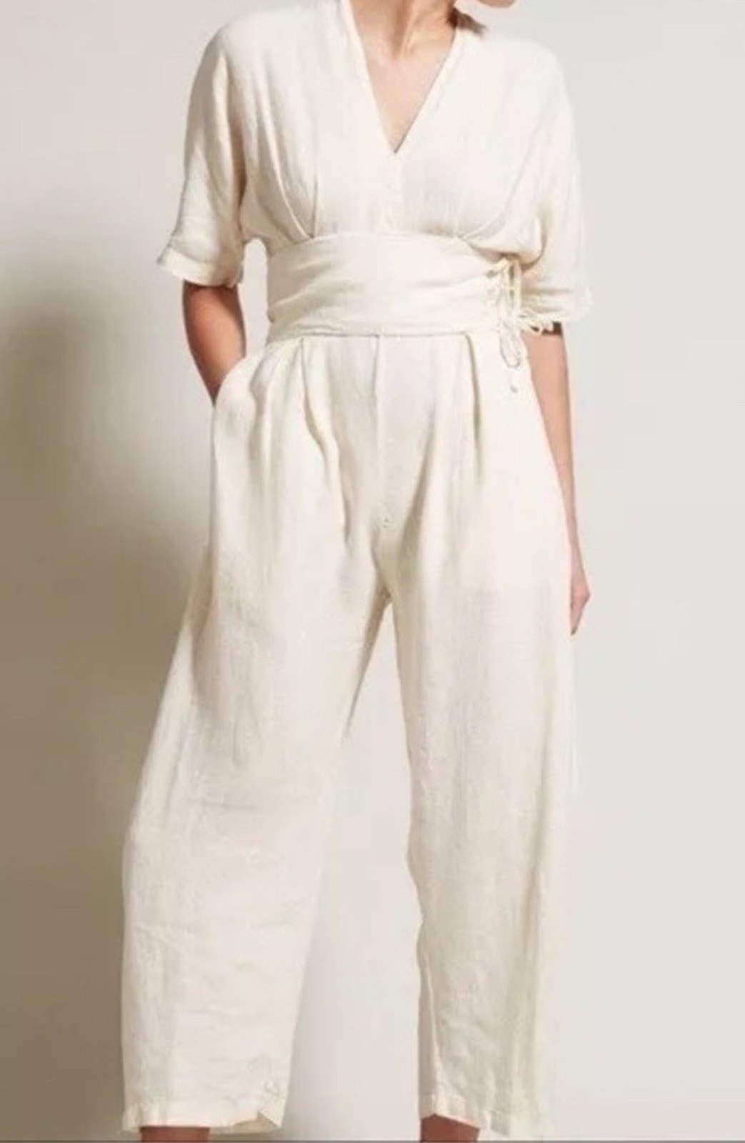 Black Crane Linen Obi Sash V Neck Jumpsuit Ivory Medium Crop Wide Leg Resort